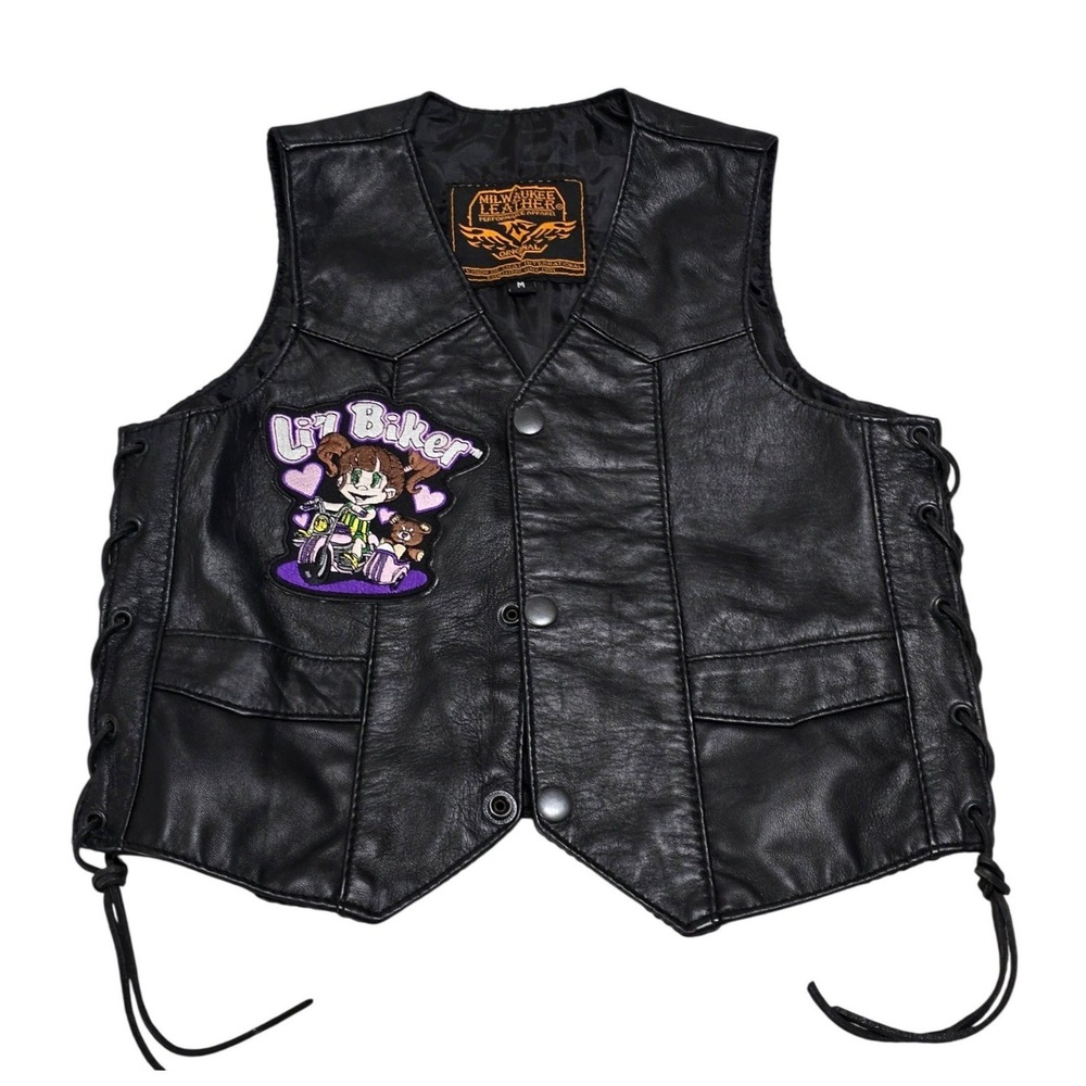 Milwaukee Leather Kids Black Leather Motorcycle‎ Vest Lil Biker Patch Size M